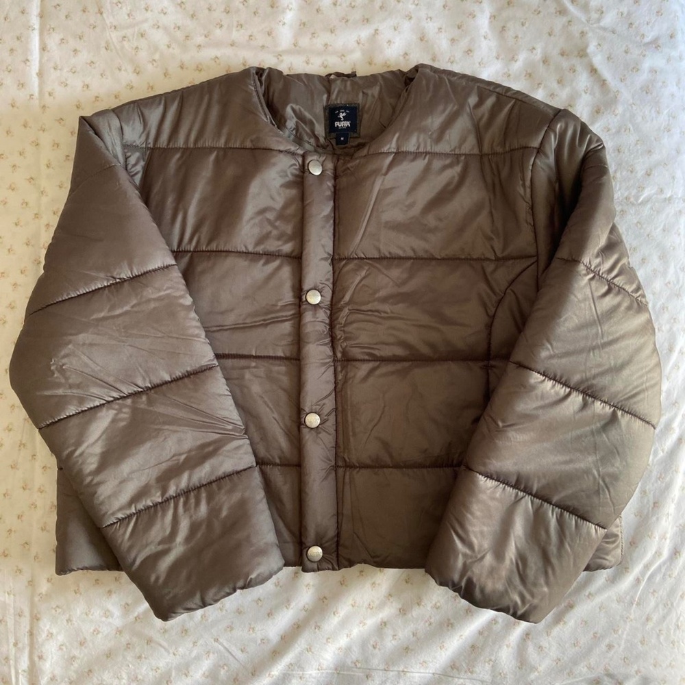 gray puffa brand puffer jacket